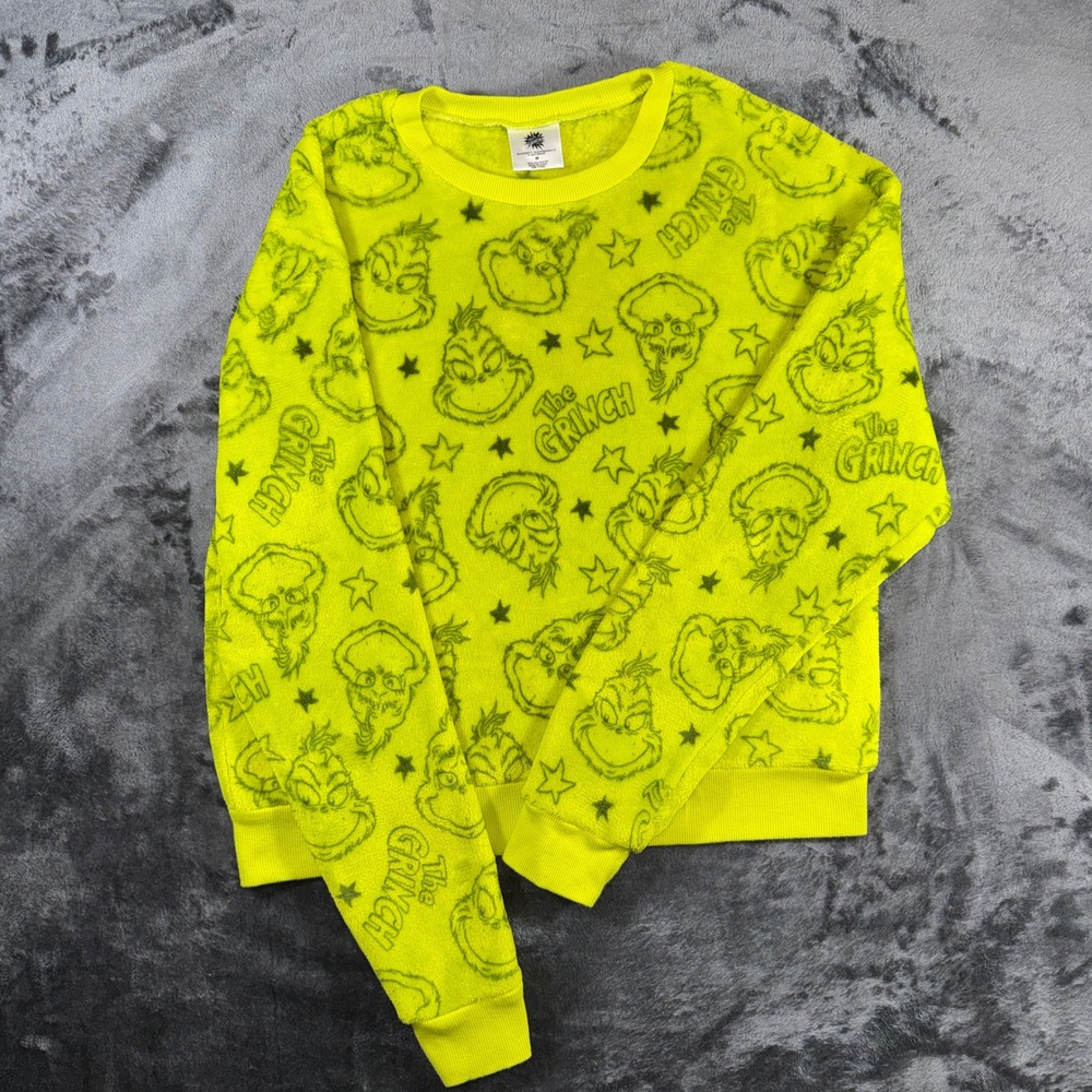 Dr Seuss The Grinch Fleece Sweatshirt Neon Green All Over Print Pullover Medium